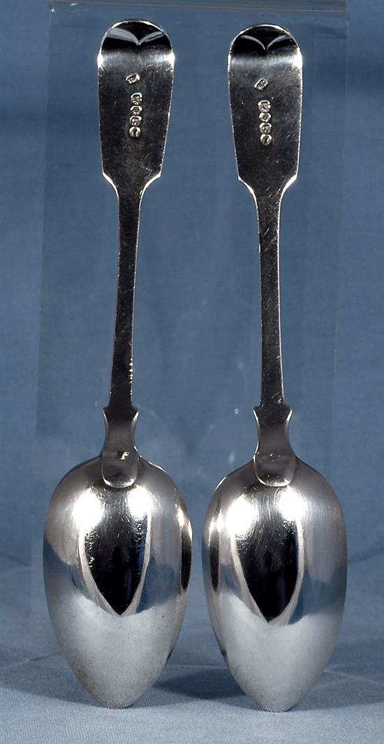 A pair of William IV silver fiddle pattern serving spoons and a similar Victorian pair, Length 237mm, weight 4.9oz/153grms